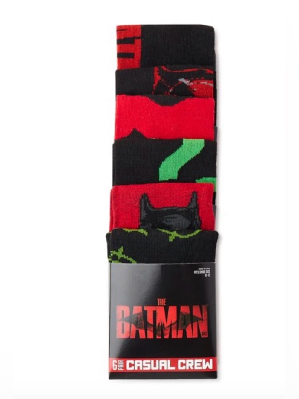 DC The Batman Casual Crew Socks - Black, Red & Green - 6 Pack men